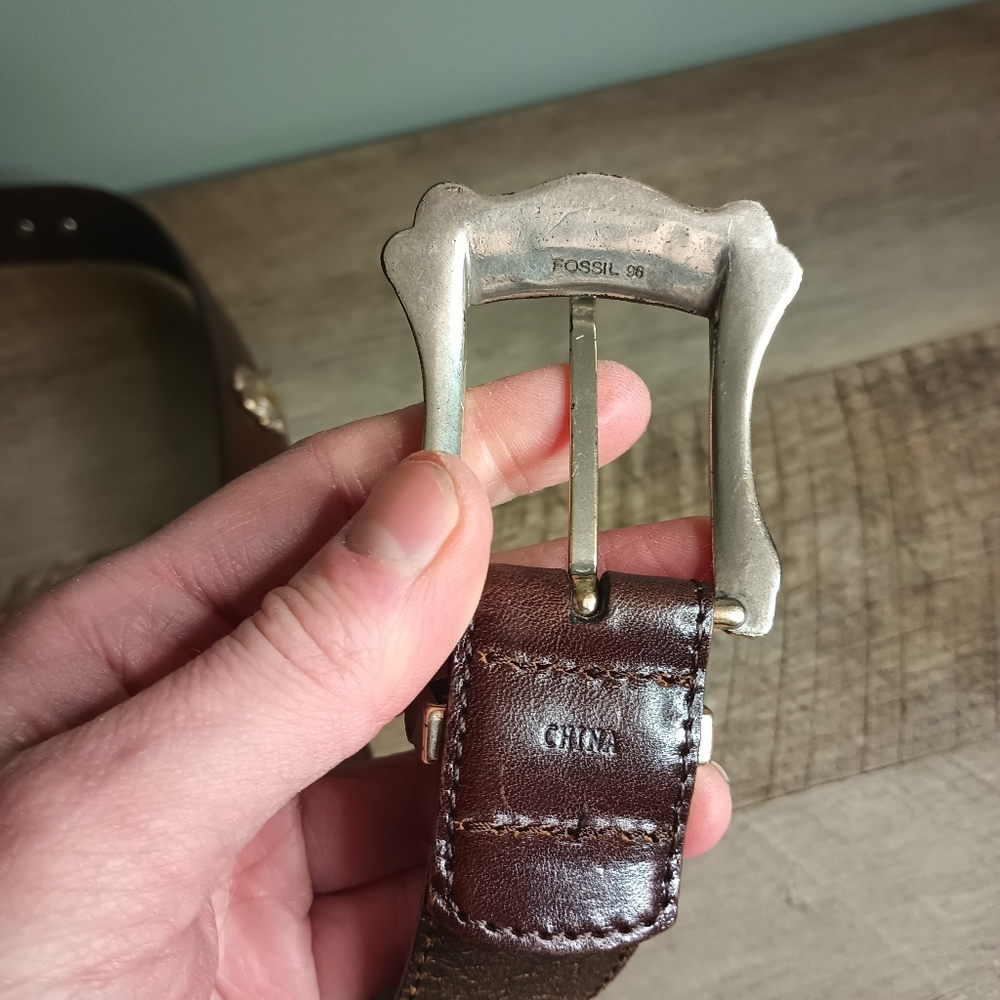 Vtg Fossil Leather Concho Belt Womens XL Silver Buckle Southwestern Boho 90s - Picture 6 of 10